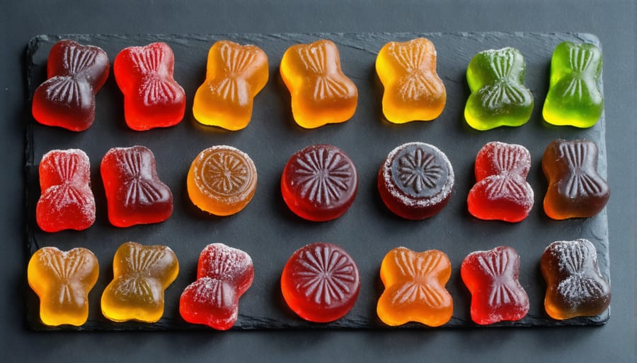 Assorted CBD gummies displayed on a slate board highlighting their variety and appeal