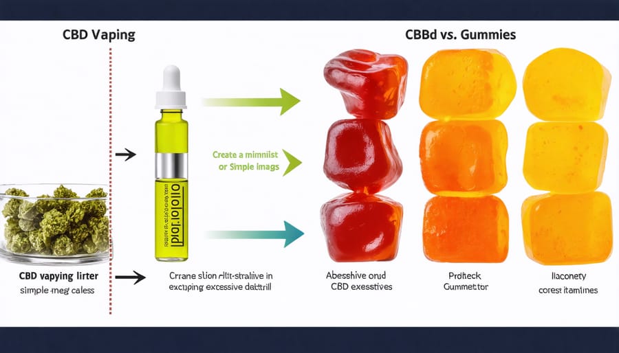 Visual comparison of the absorption rates and effects of CBD vaping versus CBD gummies