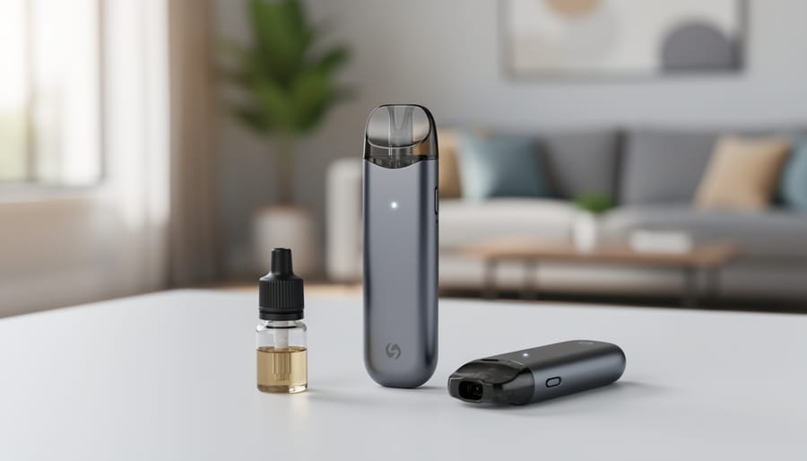 Modern pod vape system device with e-liquid bottle on white surface