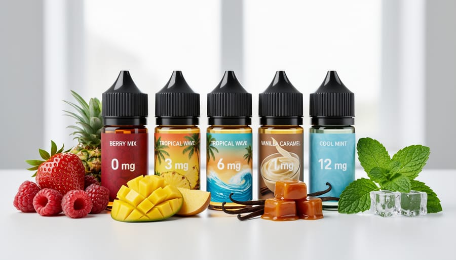 Assortment of colorful e-liquid bottles arranged on wooden surface
