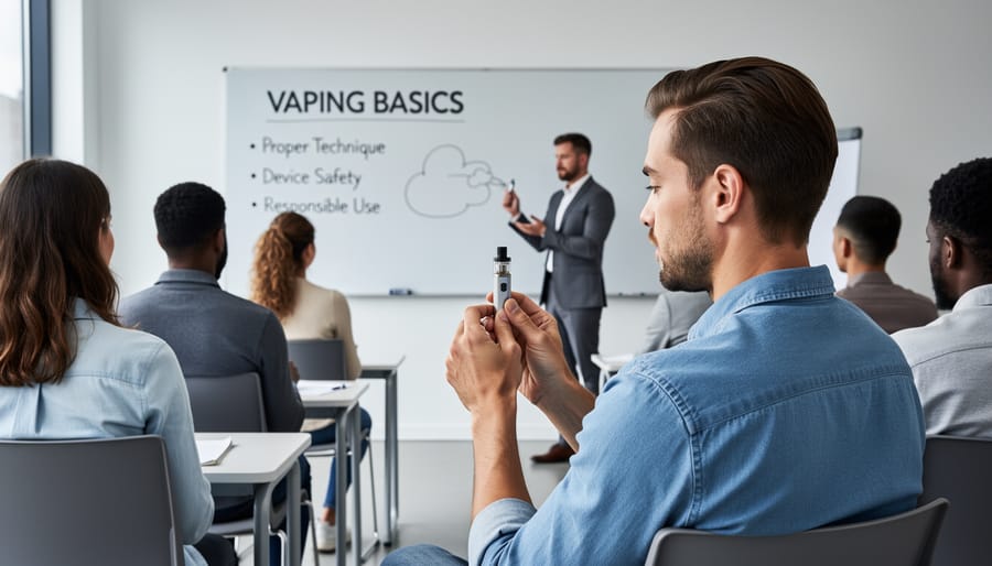 Person demonstrating proper vaping technique with small device