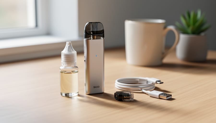 Close-up of a pod-style vape device with a small e-liquid bottle, USB-C cable, and spare pod on a light wooden desk, softly lit with a blurred mug and plant in the background.