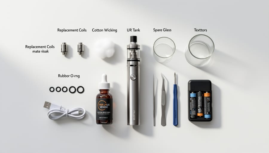 Vape device maintenance components including battery, coils, and cleaning supplies