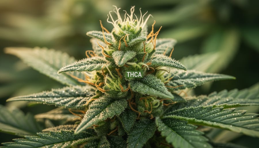 Close-up of fresh cannabis flower buds with visible resinous trichomes on a dark surface