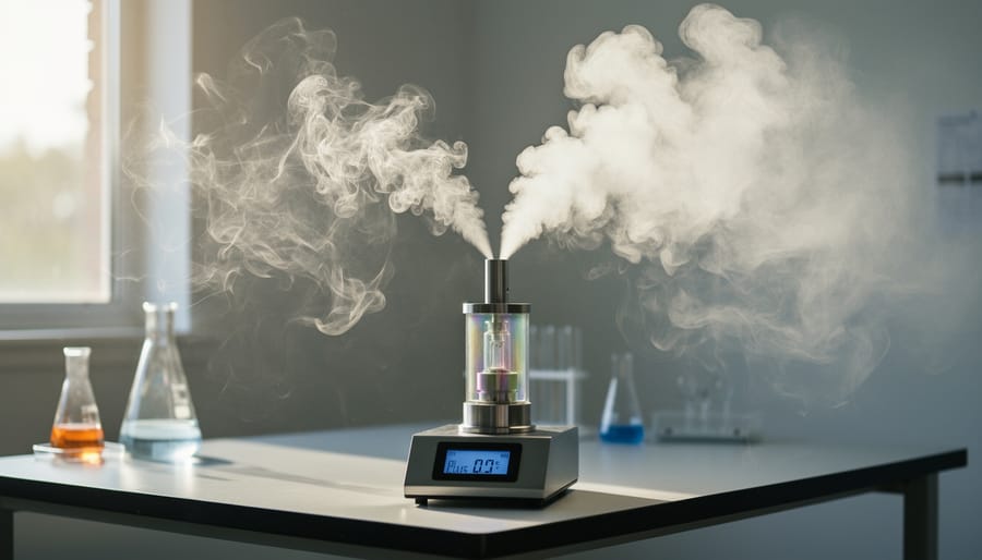 Close view of vapor plume rising from a vaporizer mouthpiece with dramatic lighting
