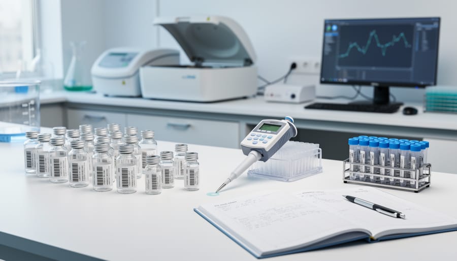 Laboratory benchtop with reagent vials and pipettes arranged for research use