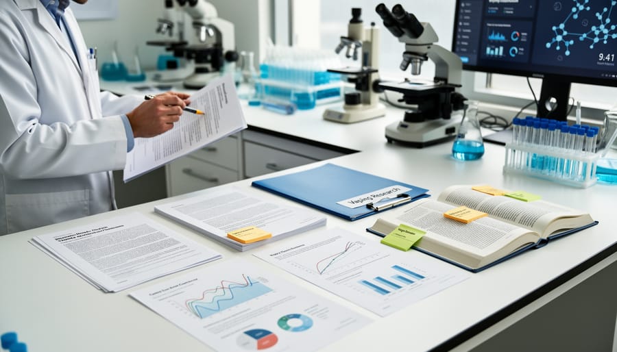 Gloved hands holding a medical research document printout on a lab bench with a magnifying glass nearby