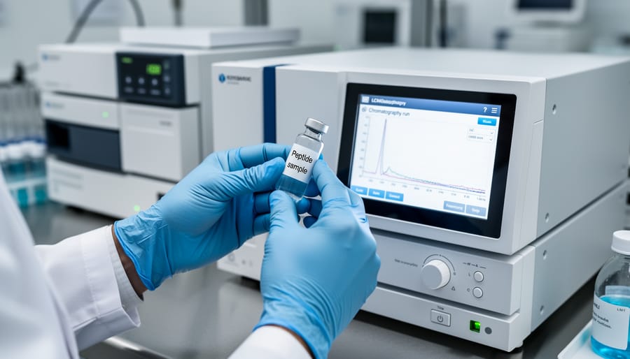 Researcher’s gloved hands holding a vial near an analytical balance in a laboratory