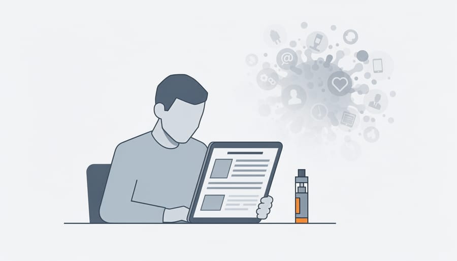 Person reviewing a safety information sheet on a table beside a vape device and notebook