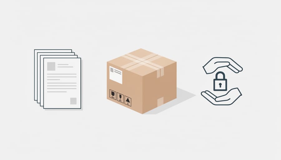 Sealed shipping box with tamper-evident tape and generic paperwork sleeve on a desk