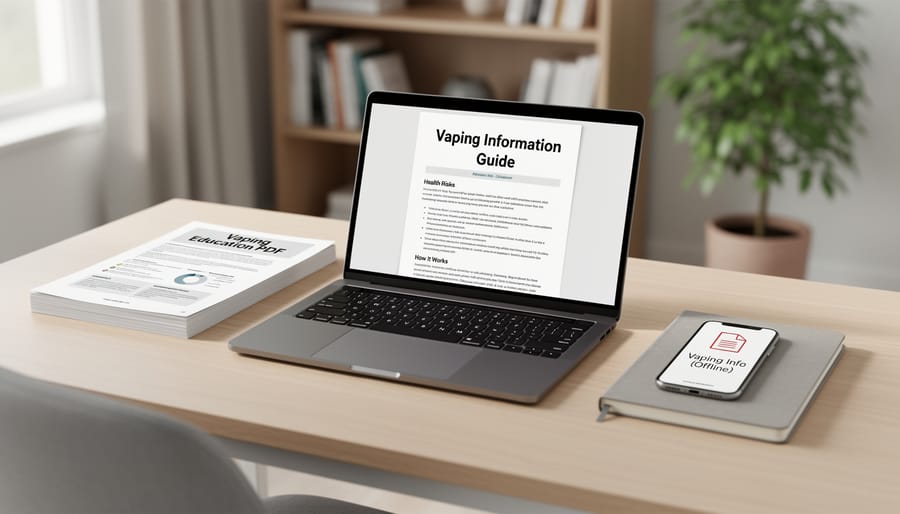 Printed vaping information documents laid out on a desk next to a laptop and smartphone