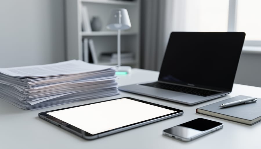 Stacked vaping PDF documents on a study desk beside a laptop, tablet, and smartphone for offline reading and reference.